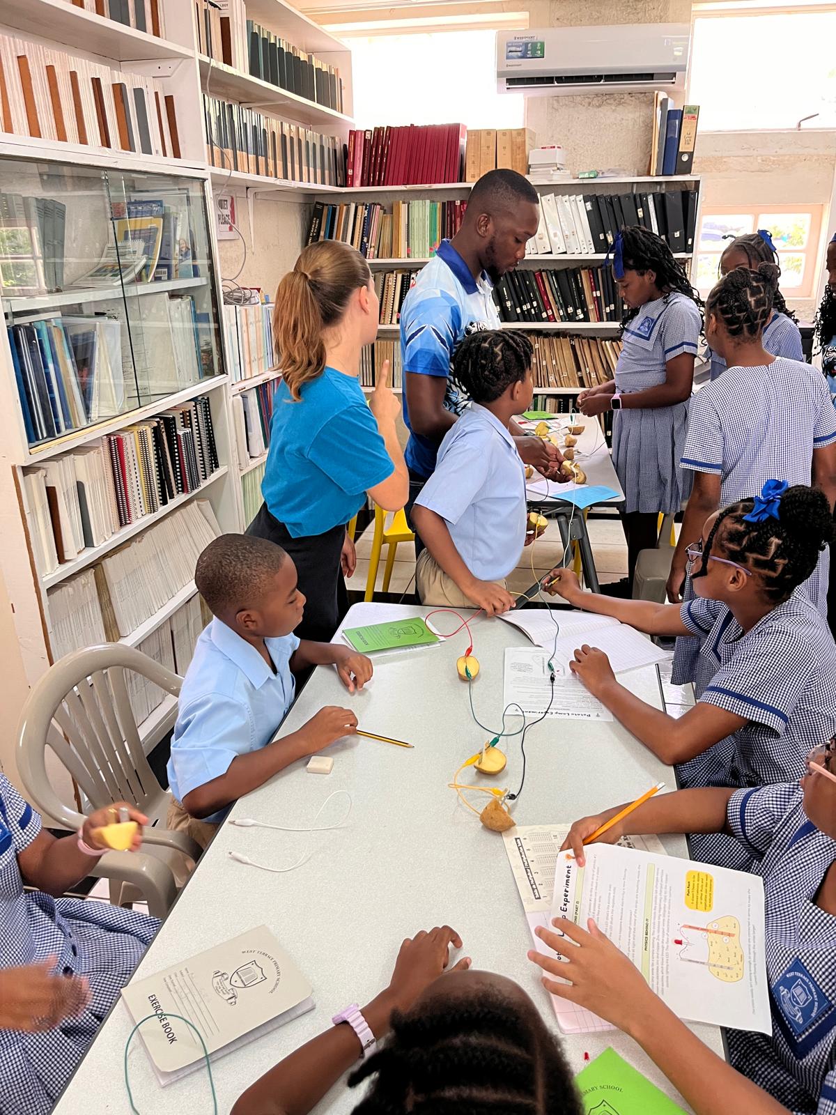 Students connecting potatoes in series to build a battery